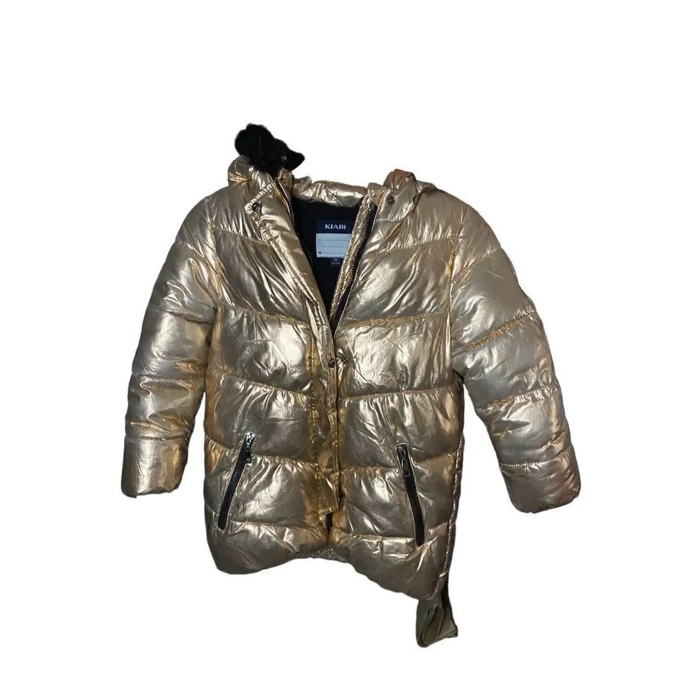Kiabi girls rose, gold, black faux, fur, hooded coat, size 8